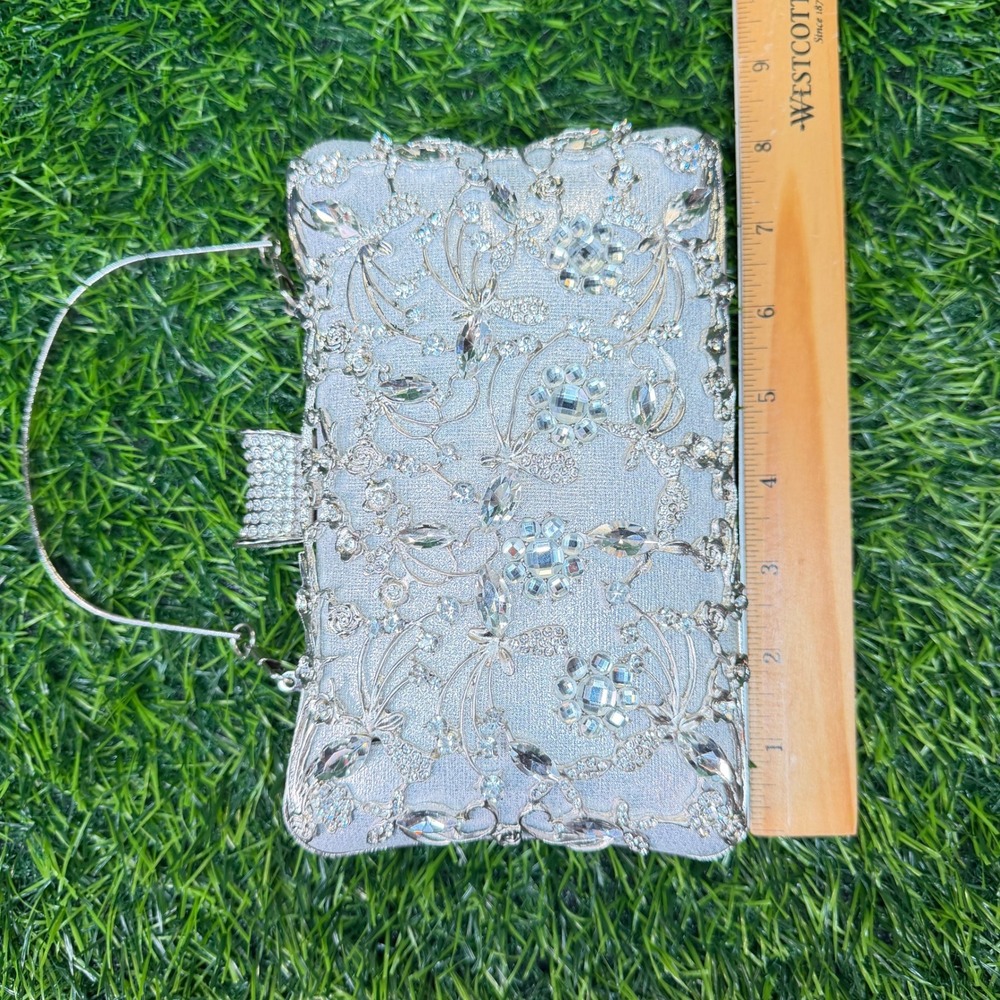 Rhinestone Evening Clutch Women Small Silver Excellent Floral Crystal - Picture 5 of 9